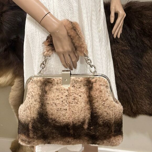 Real Rex Rabbit Fur Handmade Unique Rivet Frame Push Lock Handbag, Crossbody - Picture 2 of 16